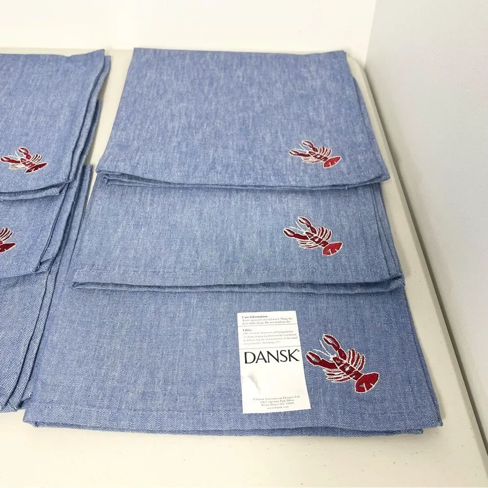 New Set of 6 Dansk Denim Lobster Embroidered Cloth Napkins
